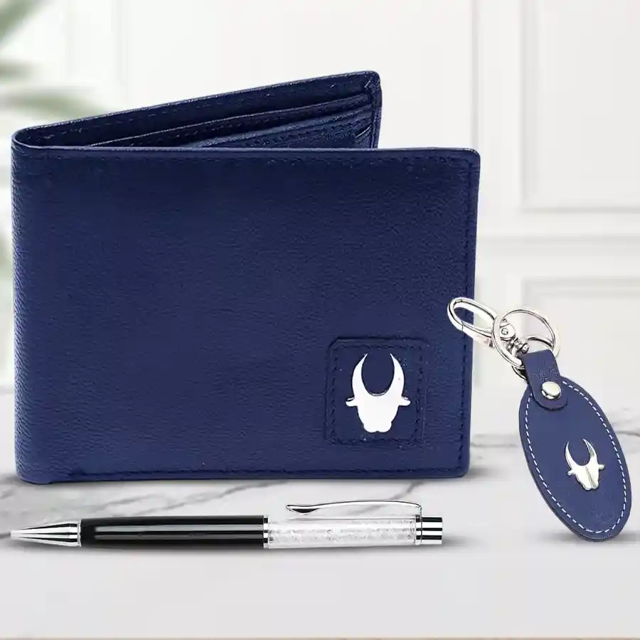 WildHorn Leather Wallet Set featuring a wallet, keychain, and pen for men in multicolor, crafted from high-quality leather.