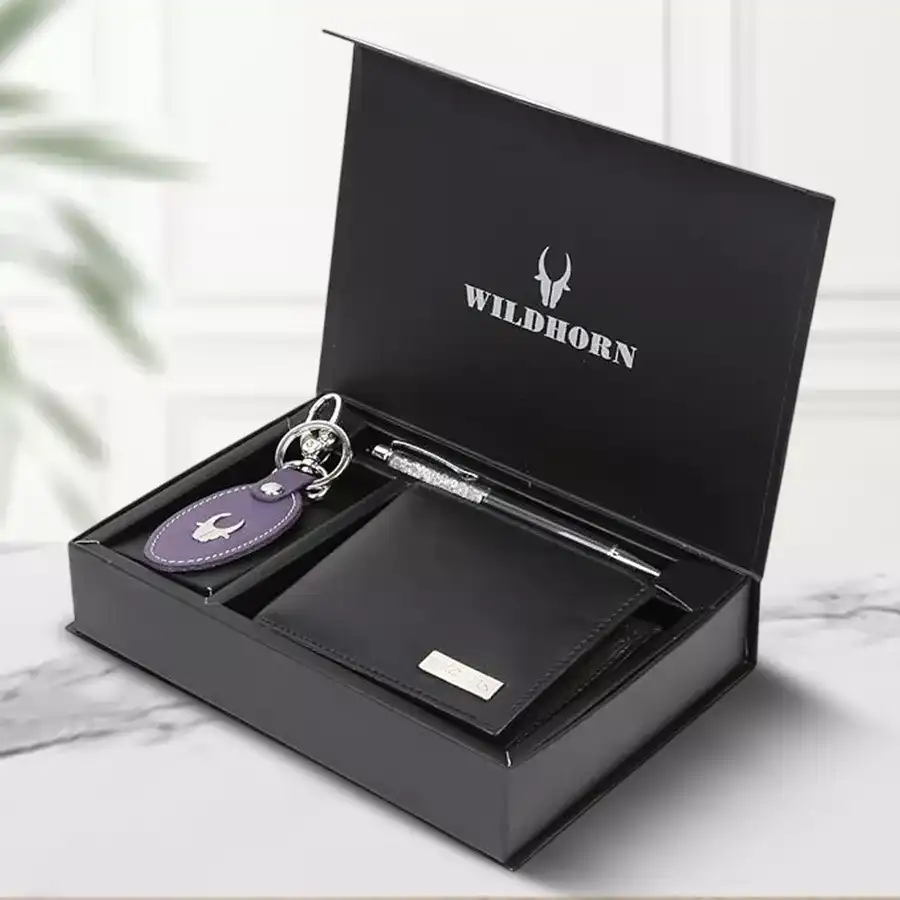 Dashing WildHorn Leather Men's Wallet Set with Keychain and Black Diamond Pen in black and blue. Perfect for stylish gifting.