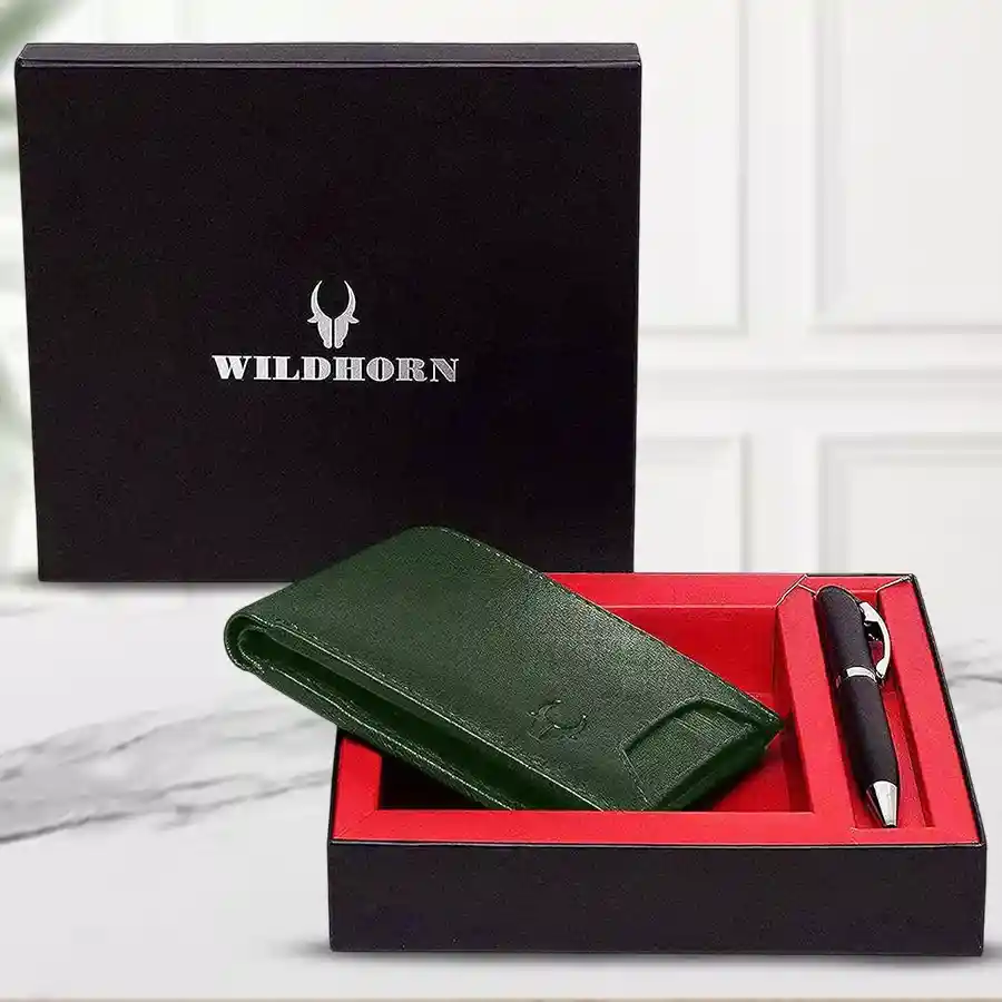 WildHorn Men's Leather Wallet with Pen Combo in green, elegantly packaged for gifting.