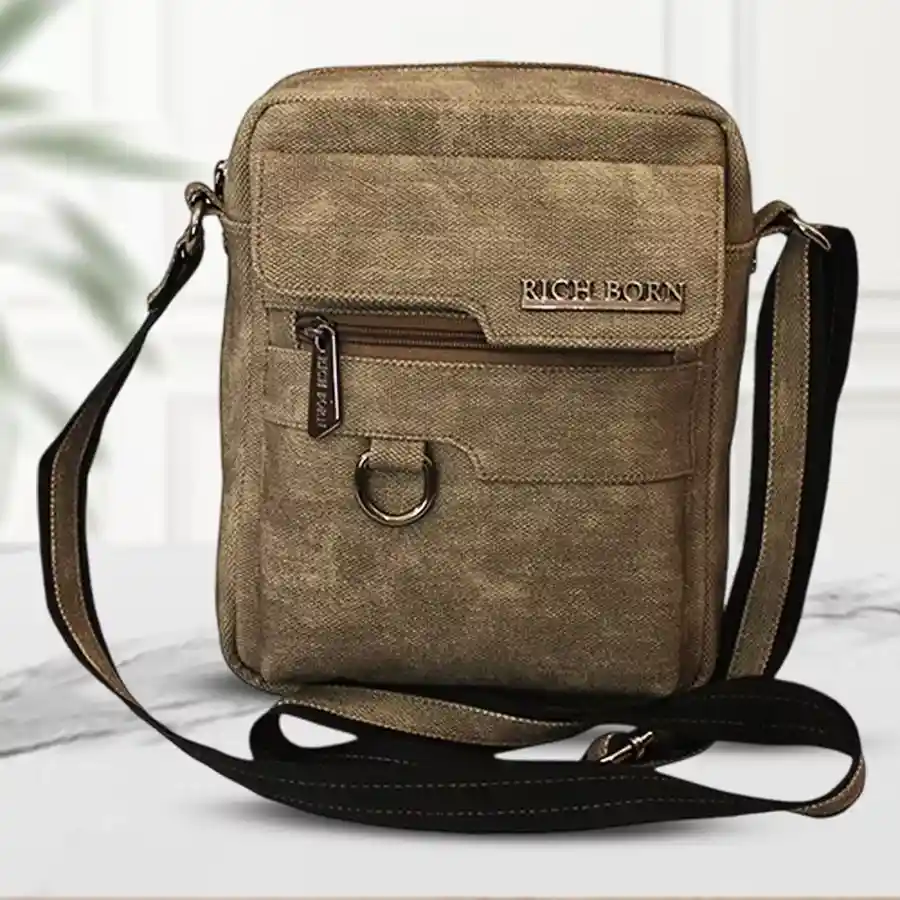 Khaki Gents Sling Bag with jeans finish, featuring a front pocket.