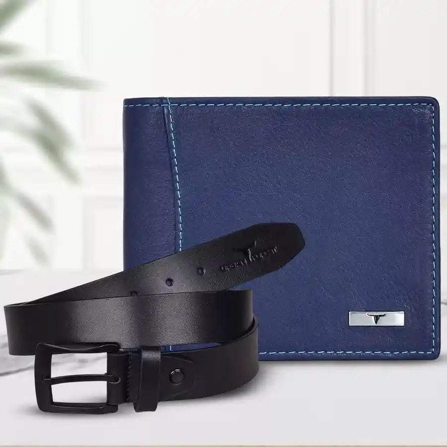 Stylish leather wallet and casual belt combo set for men in blue and black.