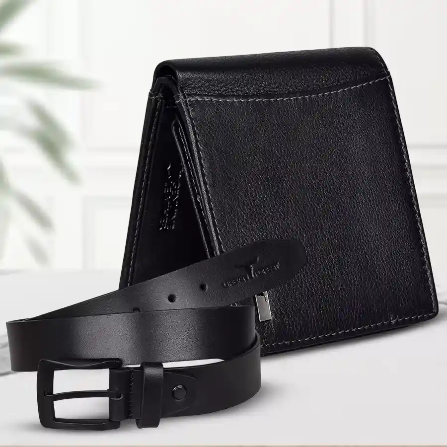 Elegant black leather wallet and casual belt combo set for men.