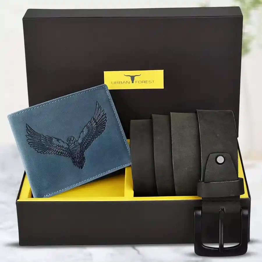 Urban Forest Leather Wallet and Belt Combo in vintage blue/grey.