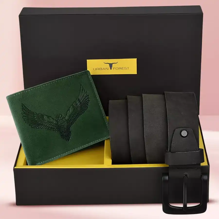 Urban Forest Leather Wallet and Belt Combo in vintage green and black, showcasing a stylish men's gift set.
