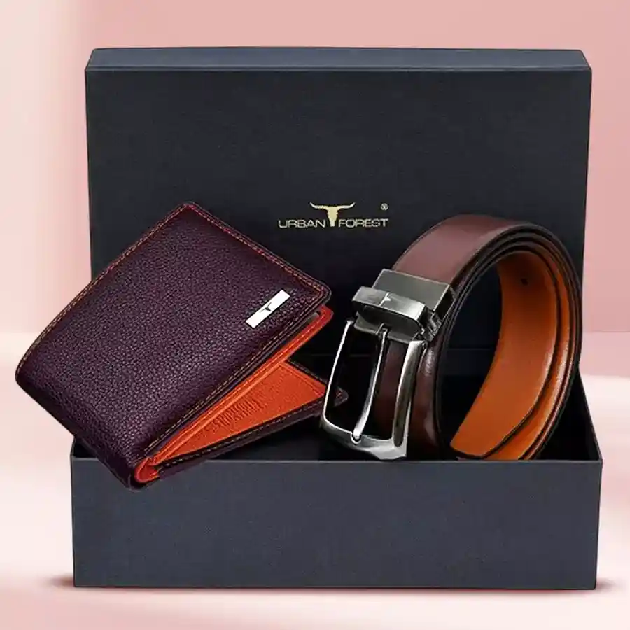 Stylish Urban Forest leather wallet and belt combo gift set for men in brown and orange.