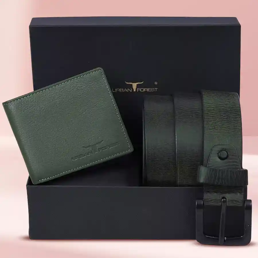 Chic Green Leather Wallet and Belt Gift Set by Urban Forest.