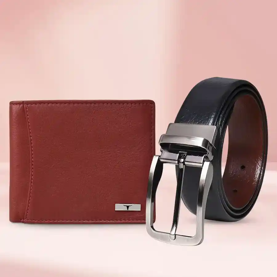 Designer Urban Forest men's wallet in red with reversible black/brown belt gift set.