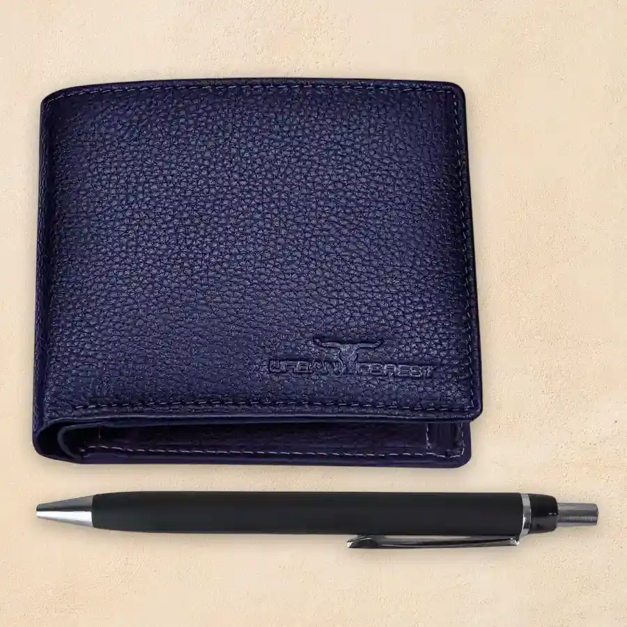 Urban Forest leather wallet and ballpoint pen set for men, showcased in blue.