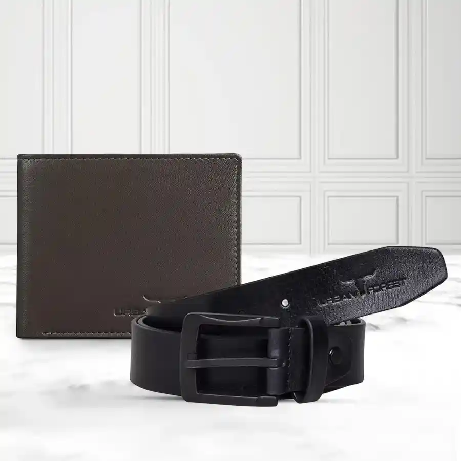 Urban Forest Men's Leather Wallet and Belt Set in brown, perfect for gifting and stylish everyday use.
