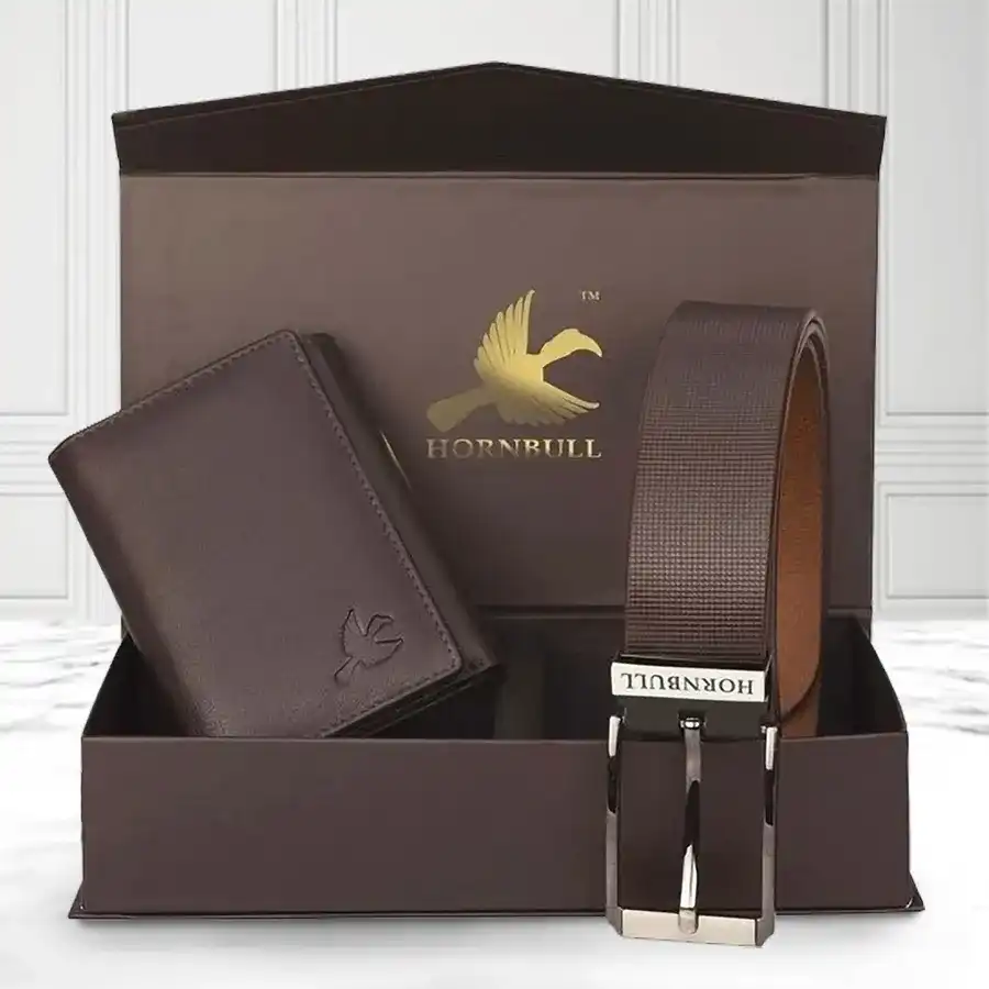 Elegant Leather Wallet and Belt Set by Hornbull in brown color, perfect gift for men.