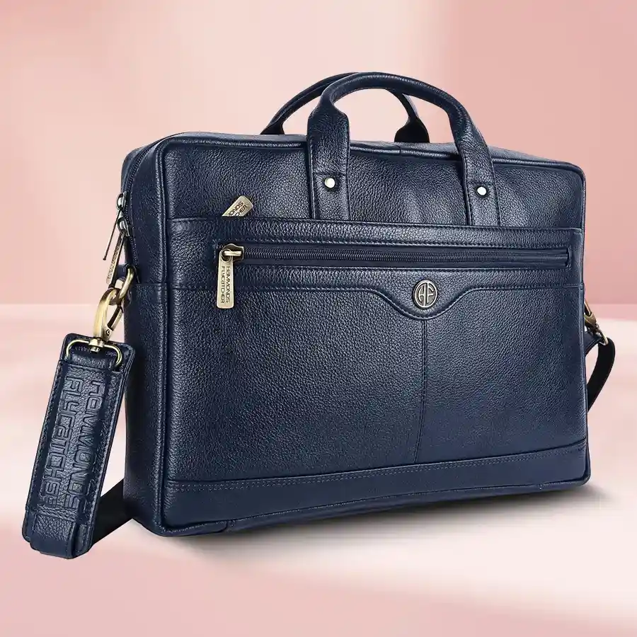 Premium Navy Leather Laptop Bag designed for 14-16 inch laptops, featuring multiple compartments and an adjustable shoulder strap.