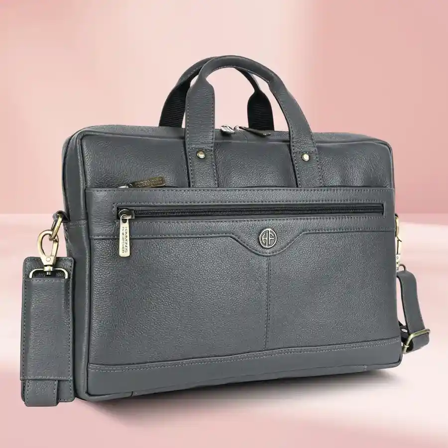 Chic Leather Laptop Briefcase in graphite grey, designed for 14-16 inch laptops, showcasing modern style and practical compartments.