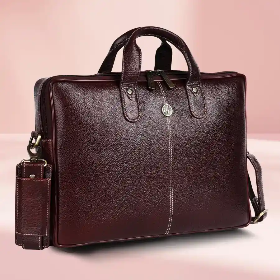 Sophisticated leather laptop briefcase designed for men, accommodating laptops up to 16 inches, crafted from high-quality genuine leather.