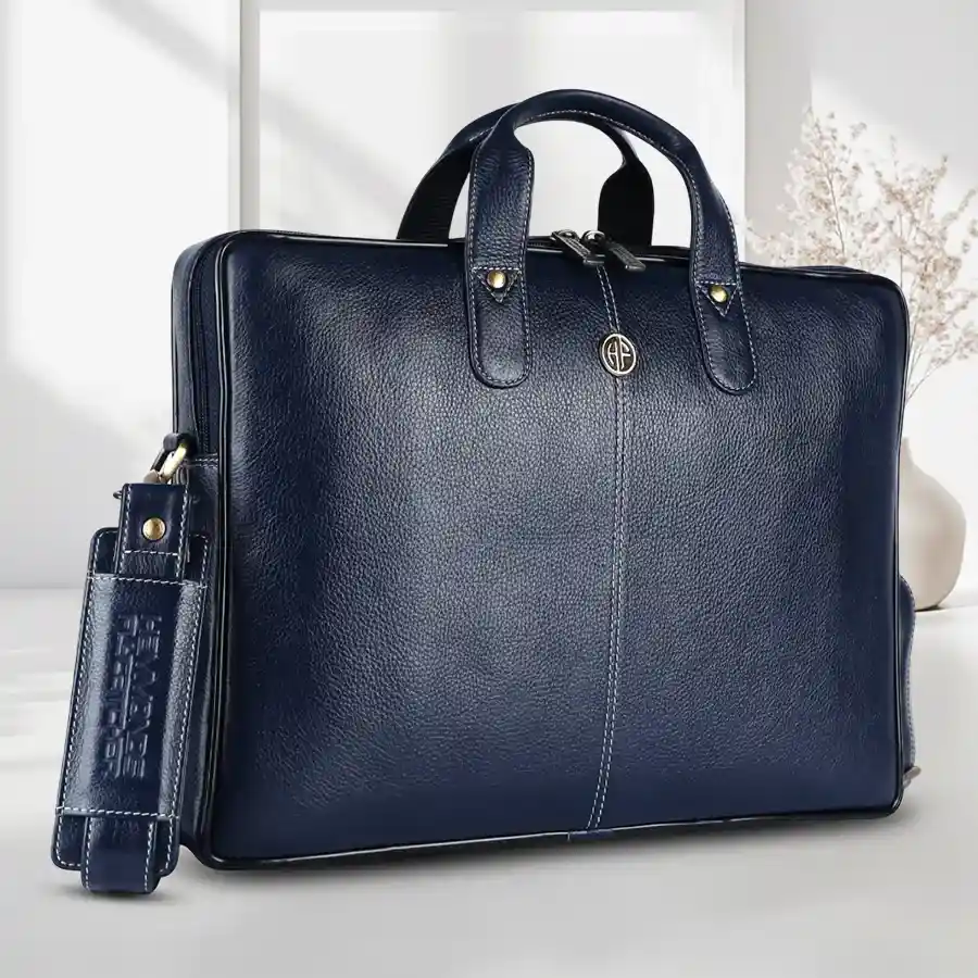 Dapper Blue Leather Laptop Briefcase designed for men, fitting laptops up to 15.6 inches, exuding style and functionality.