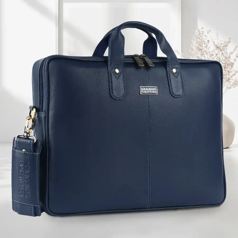 Elegant Blue Leather Laptop Bag designed for 14 to 16-inch laptops, crafted from genuine Napa leather for a sophisticated look.