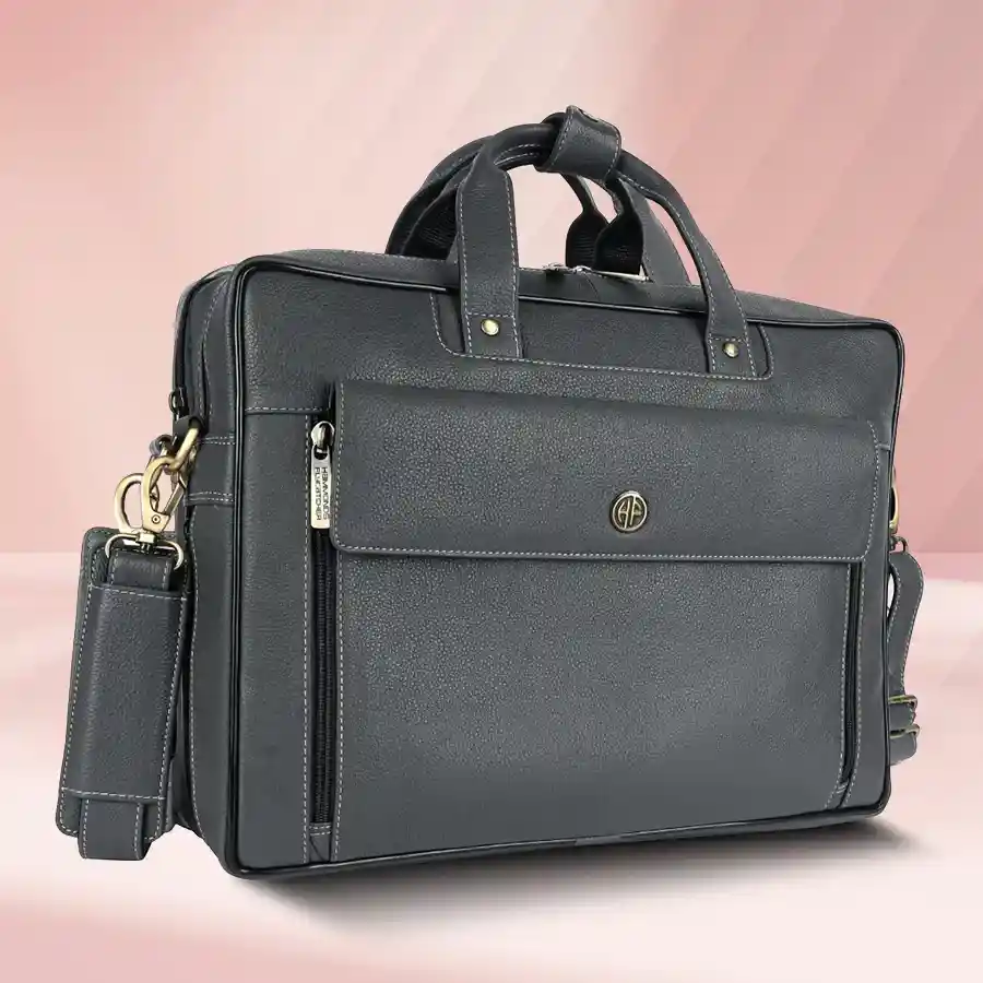 Sophisticated Expandable Leather Laptop Bag in Graphite Grey, designed for men, fits up to 16-inch laptops and features an adjustable strap.