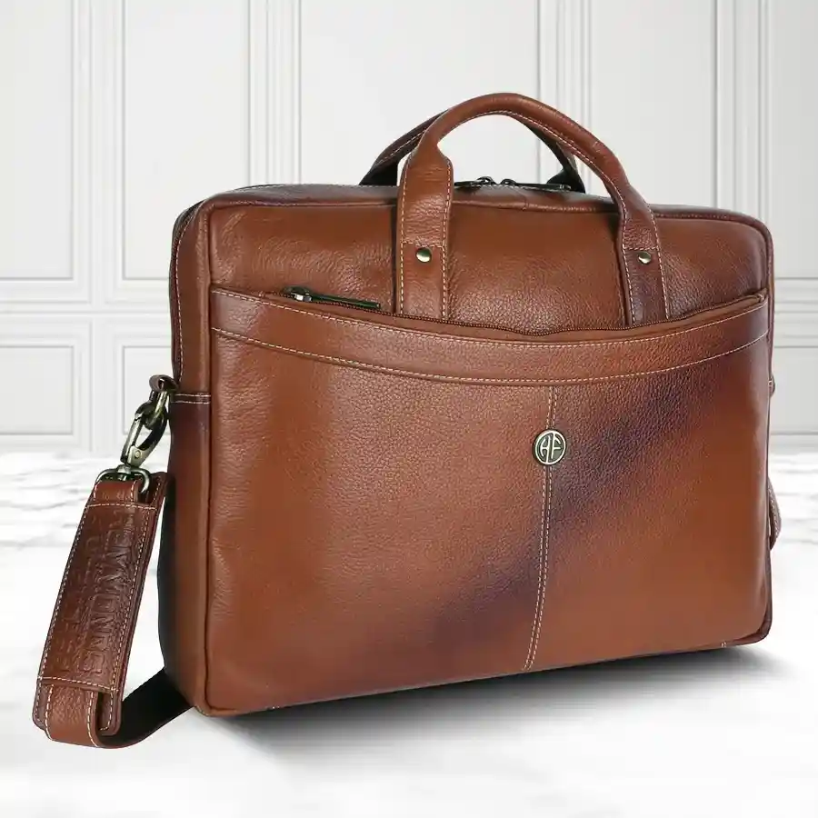 Elegant Leather Laptop Messenger Bag in Brushwood for men, fits 16" laptop, stylish and practical design.
