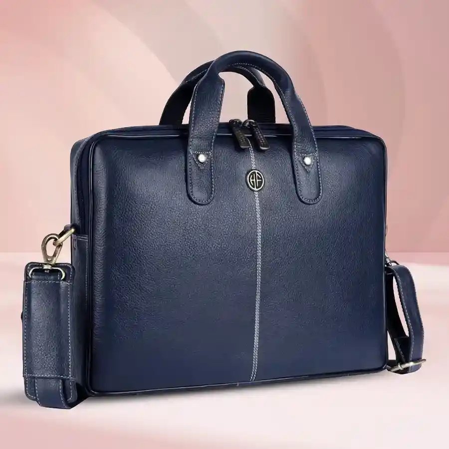 Stylish blue leather laptop bag for men, fits up to 14-inch devices, perfect for office use.