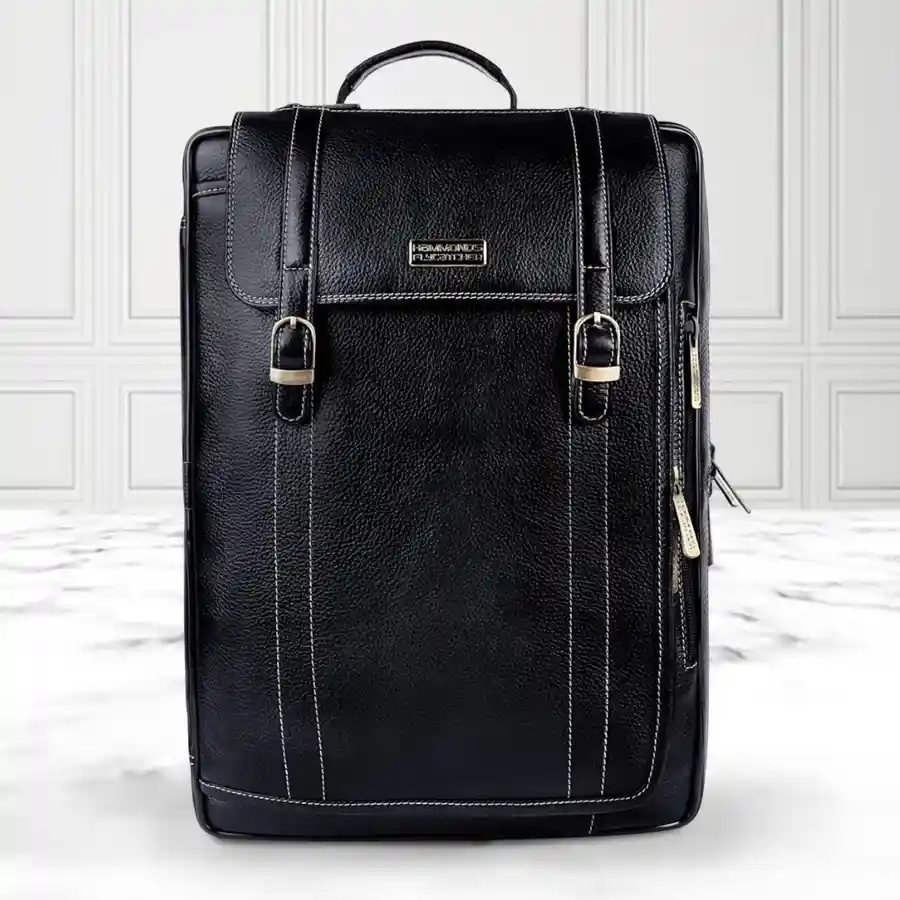 Stylish black leather laptop bag for men, designed for laptops up to 16 inches, featuring multiple compartments and an adjustable shoulder strap.