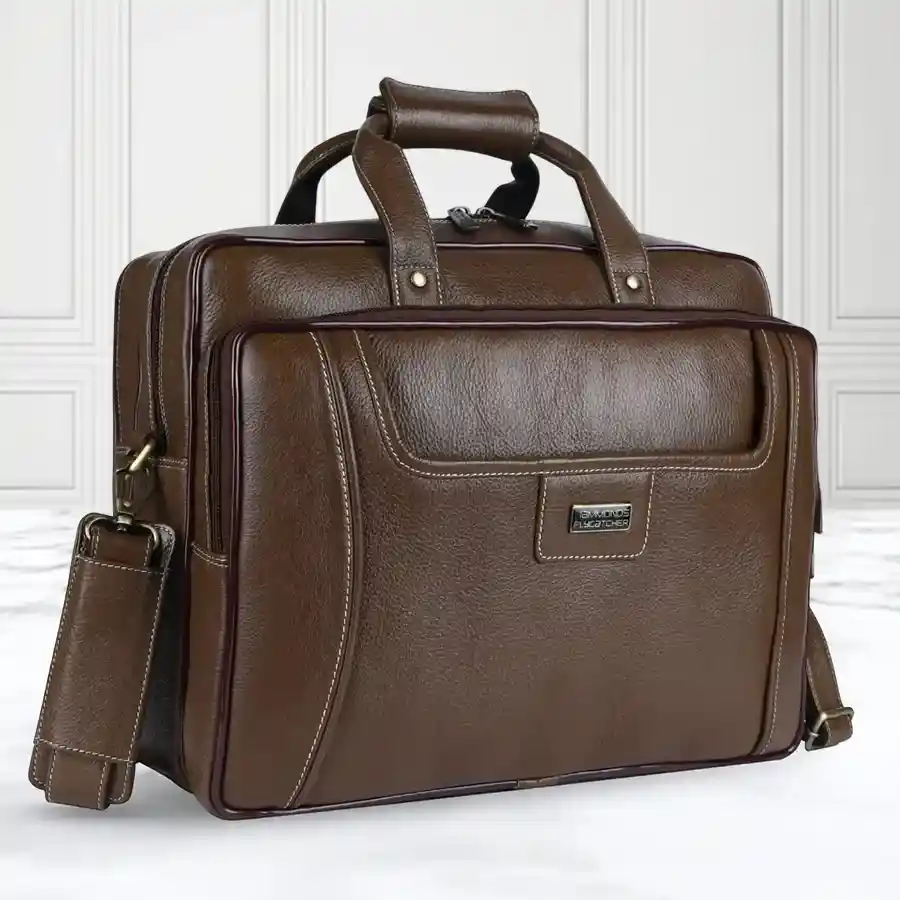 Chic Leather Laptop Briefcase in Brushwood, designed for laptops up to 16 inches with a spacious interior and 1-year warranty.