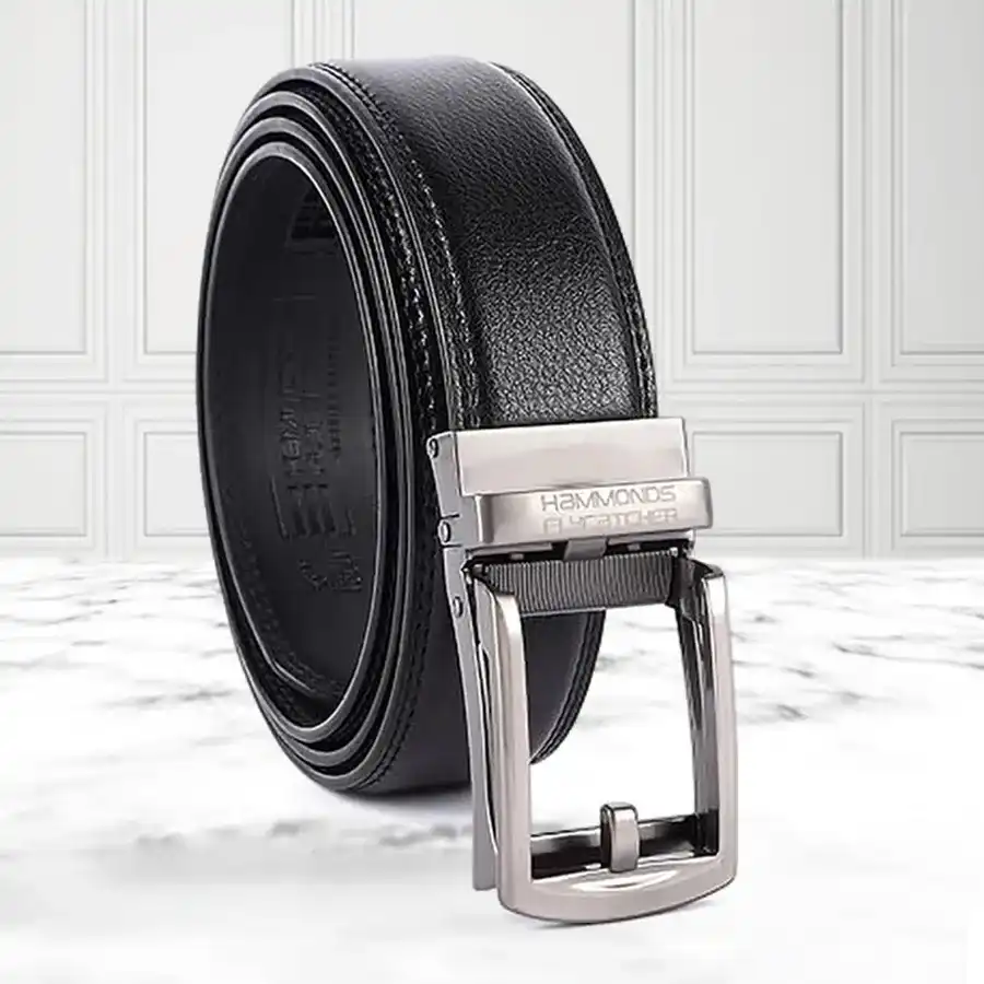 Onyx Black Leather Autolock Belt for Men, featuring adjustable fit and secure fastening. Perfect for both formal and casual wear.