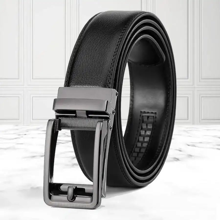 Premium Leather Autolock Belt for Men in Grease Black, featuring an adjustable waistband and secure fastening.