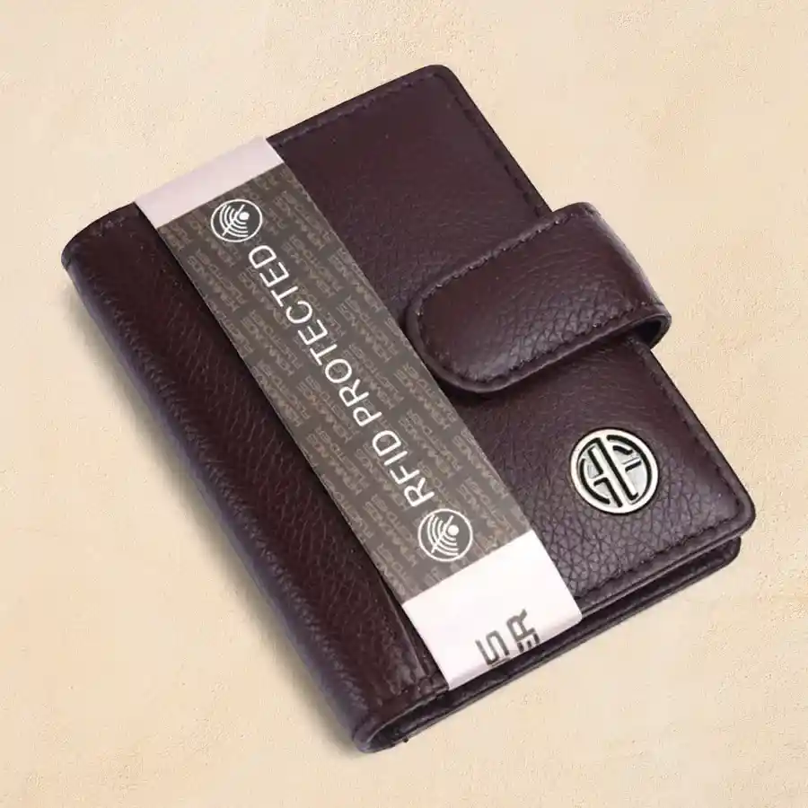 Elegant RFID Leather Card Holder Wallet in Brushwood, crafted from genuine leather, offering stylish protection for cards and cash.
