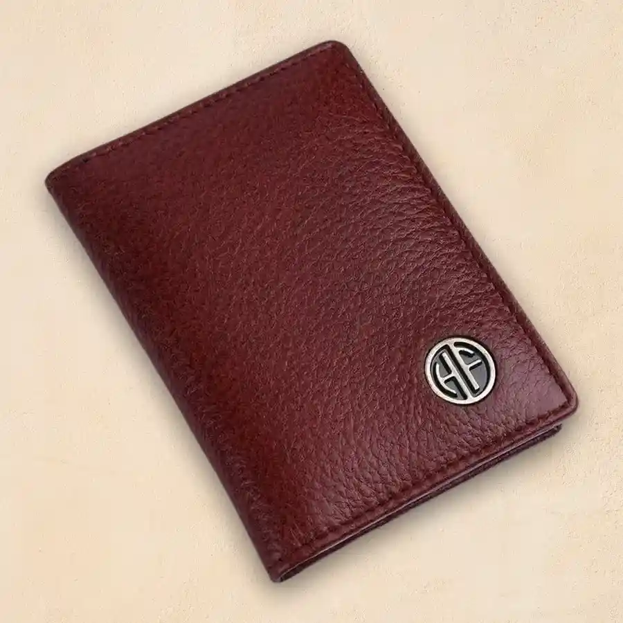 Elegant RFID Leather Card Holder Wallet in brown with six card slots and RFID protection.