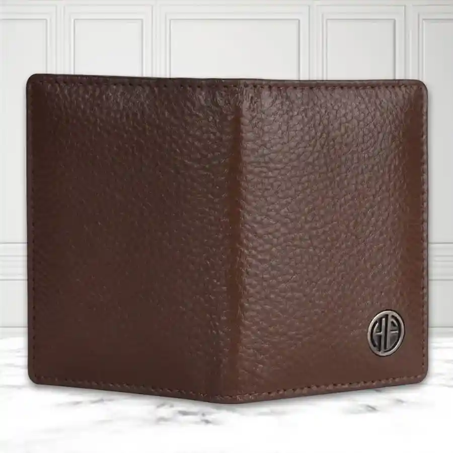 Elegant RFID Leather Card Holder Wallet in Brushwood with six slots for cards.