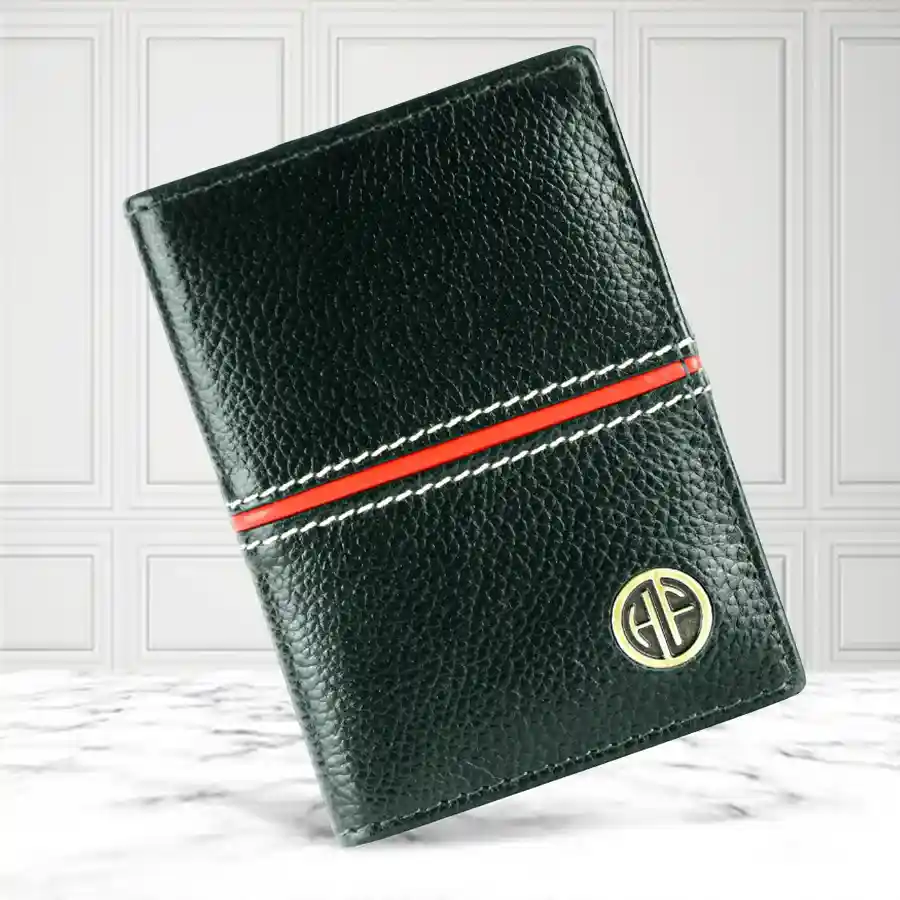 Stylish Green RFID Card Holder Wallet made from genuine leather, featuring six card slots and advanced RFID protection.