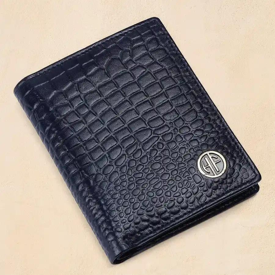 Sophisticated RFID Leather Card Holder Wallet in Croc Blue, designed for style and security, holding up to 8 cards in a slim bi-fold format.