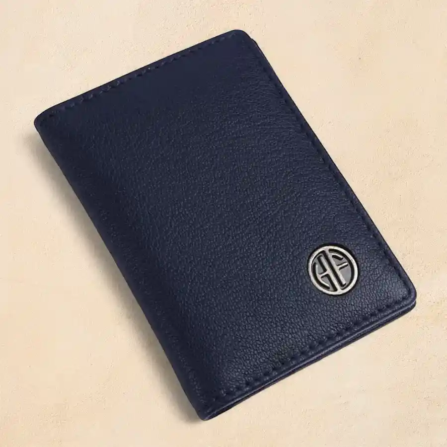 Elegant blue leather RFID protected bi-fold wallet for men and women.