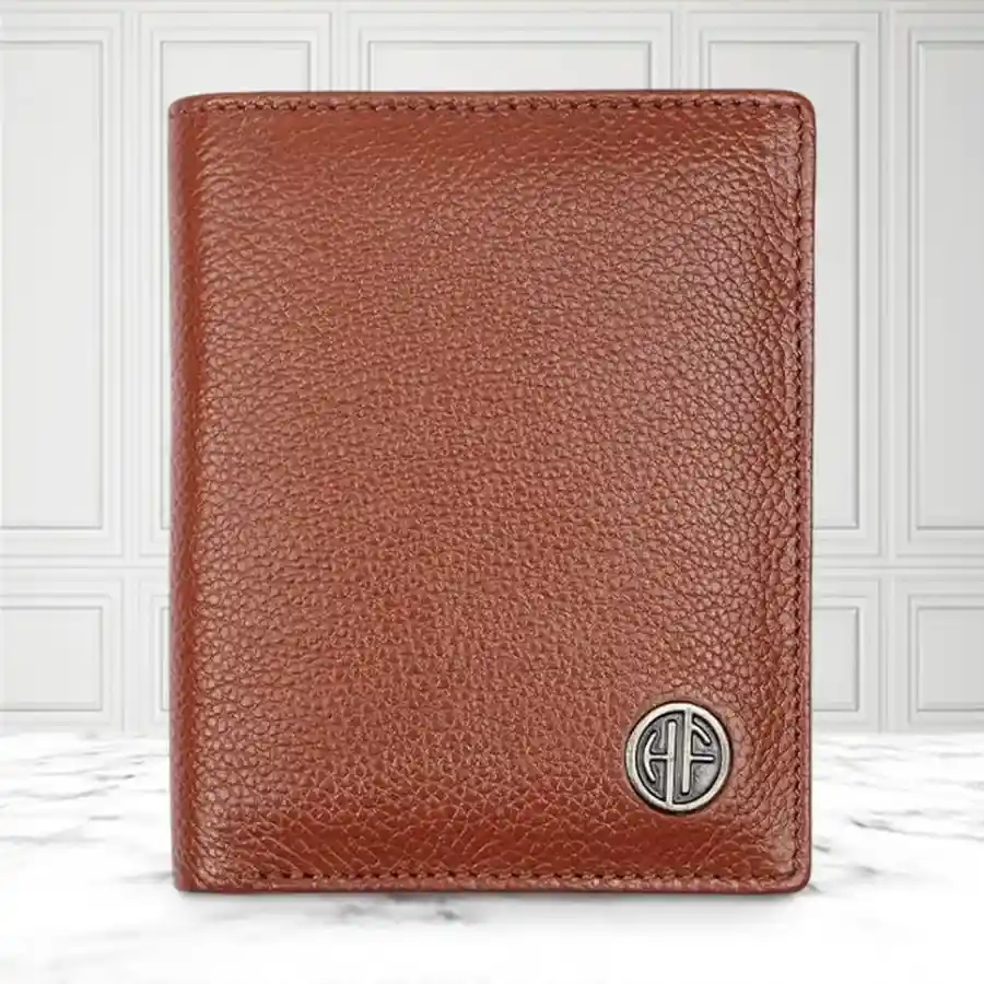 Elegant RFID Leather Bi-Fold Wallet in brown, featuring a slim design and RFID protection for cards.