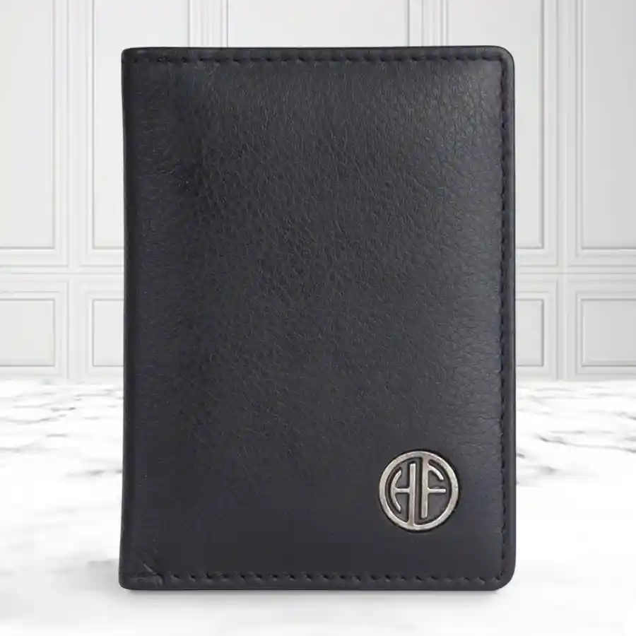 Slim RFID Leather Bi-Fold Wallet in black, featuring premium leather and RFID protection. Perfect for both men and women.