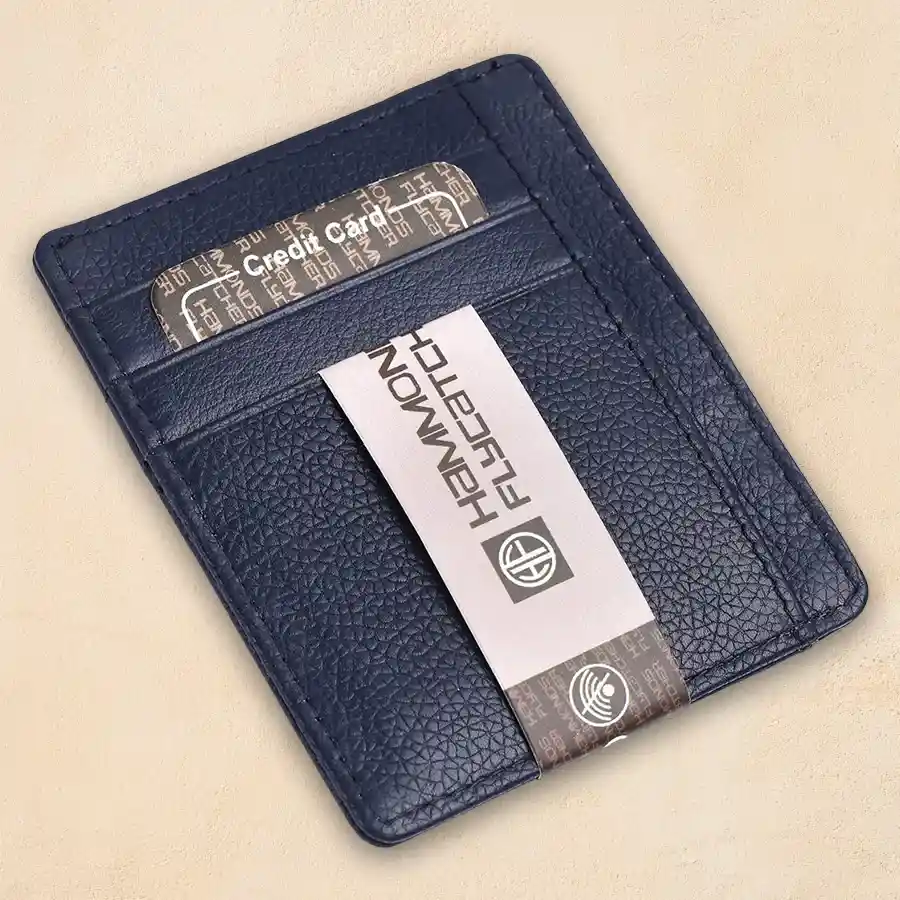 Stylish RFID Leather Bi-Fold Wallet in blue, showcasing a slim design and RFID protection for secure card storage.