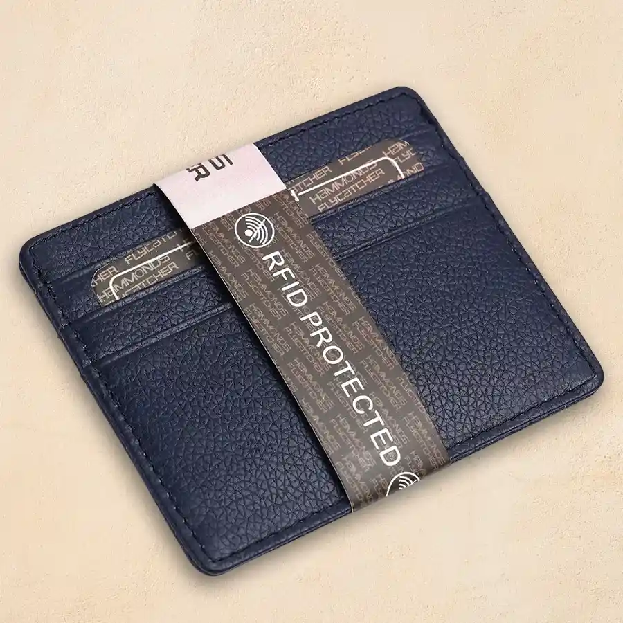 Elegant Blue Bi-Fold RFID Wallet made from genuine leather, showcasing a slim design and modern style.