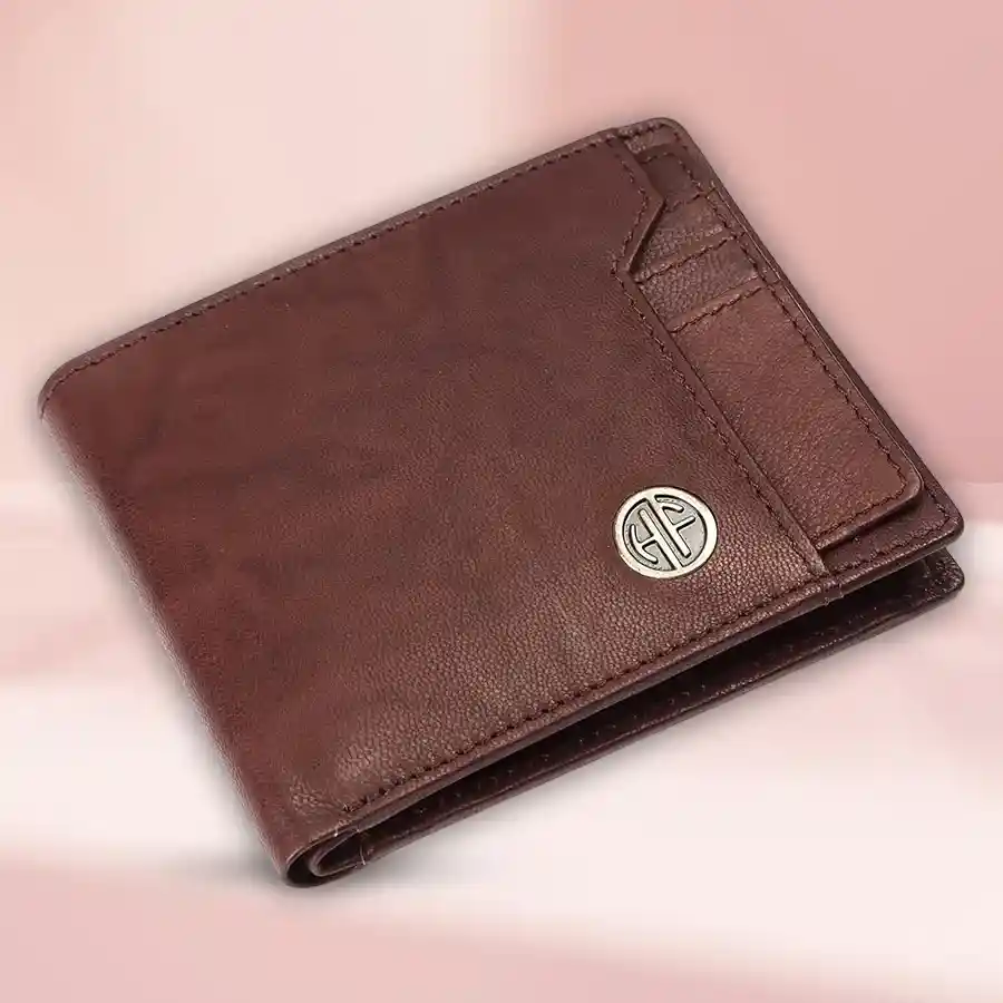 Stylish RFID protected leather wallet for men in brushwood color, featuring six card slots and premium craftsmanship.