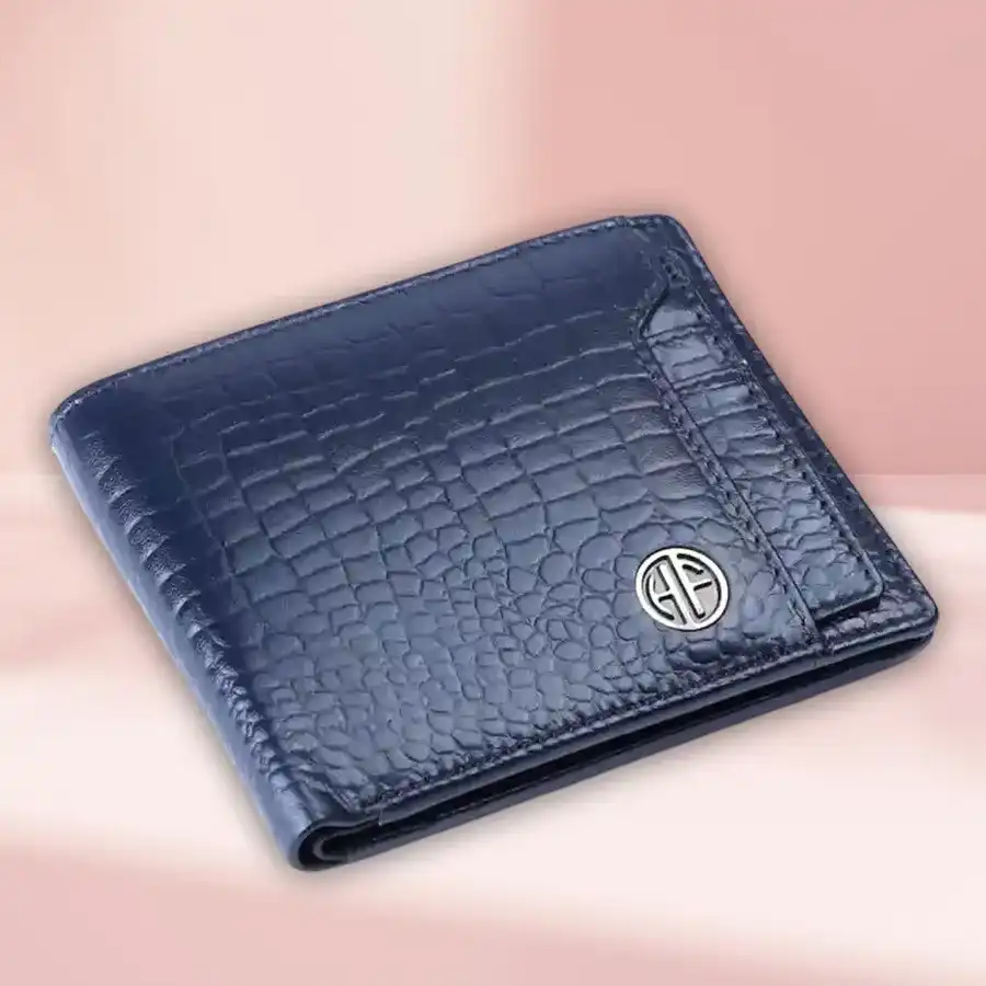 Croc Blue Leather Wallet for Men with RFID protection and card slots.