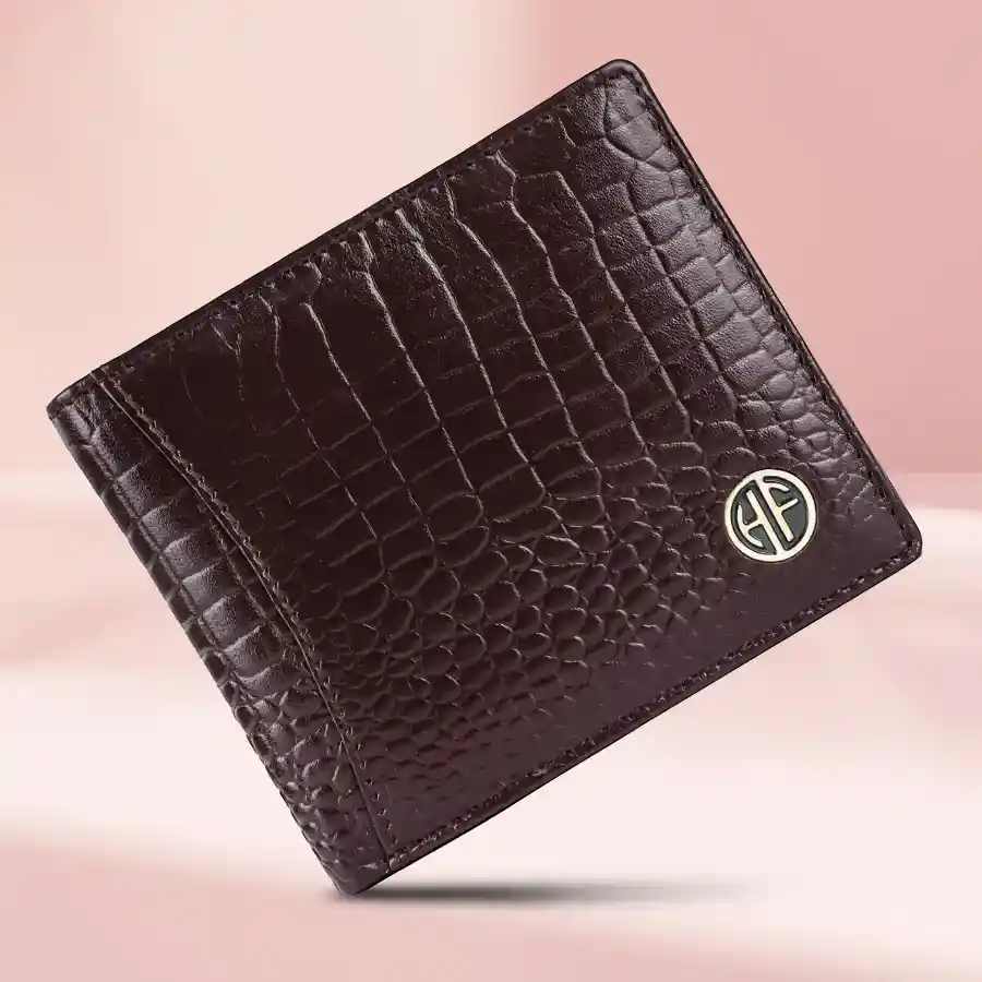 Sophisticated RFID Leather Wallet in croc brown for men, featuring six card slots and RFID protection for secure storage.