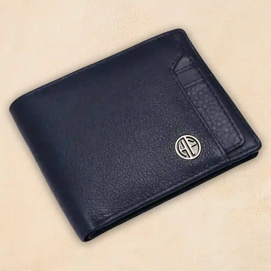 Sleek black leather wallet for men with RFID protection and card slots.