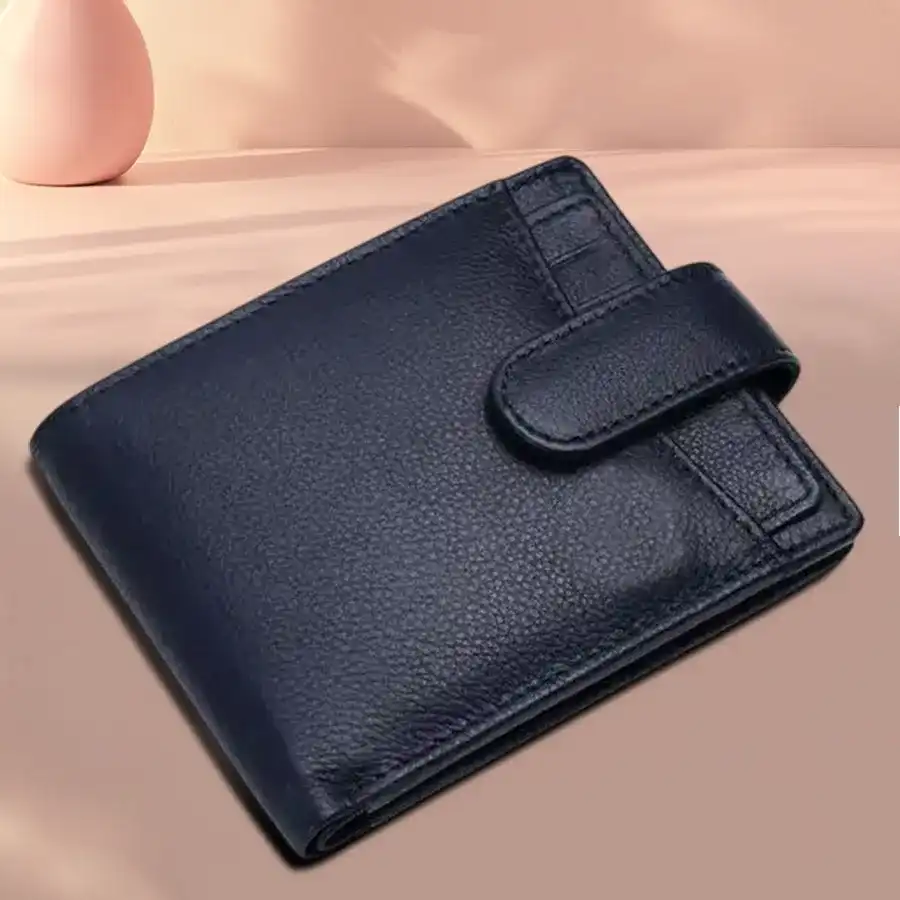 Stylish Royal Blue RFID protected leather wallet for men, featuring card slots and currency pockets.