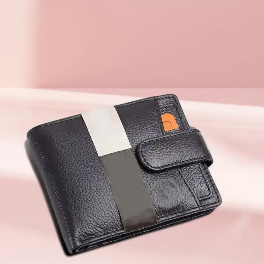 Stylish RFID Protected Leather Wallet for Men in Grey, featuring card slots and spacious pockets.