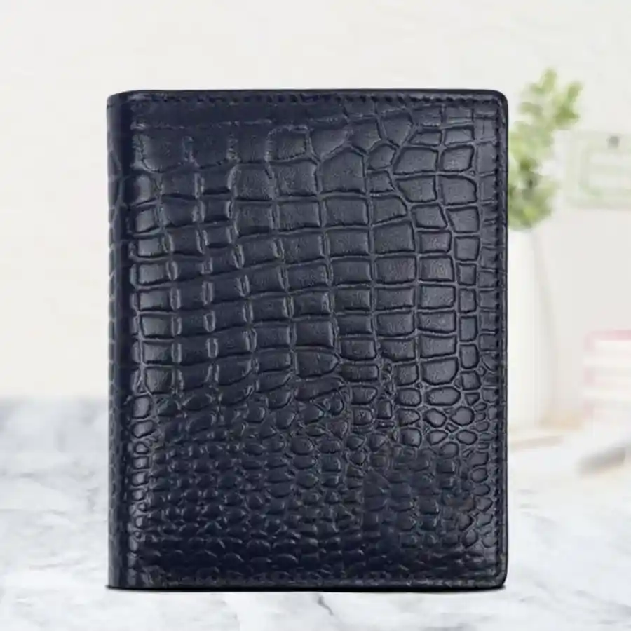 Stylish RFID protected trifold leather wallet for men in Croc Blue.