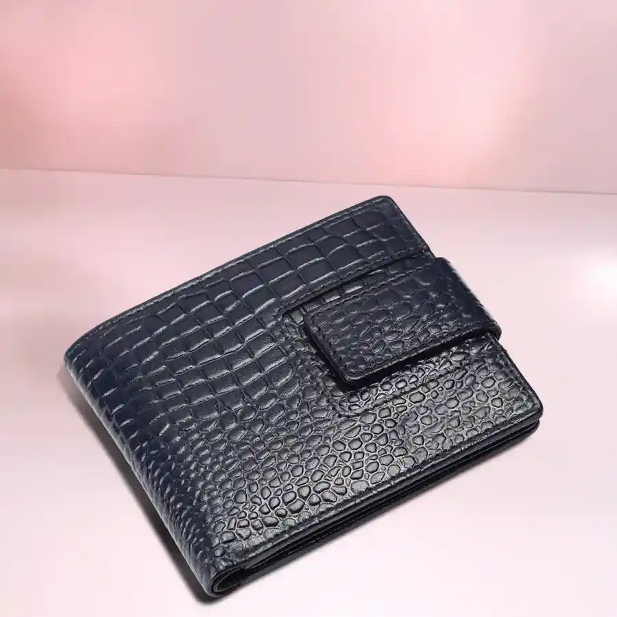 Stylish RFID Bi-Fold Wallet for Men in Croc Blue leather with secure snap closure and six card slots.