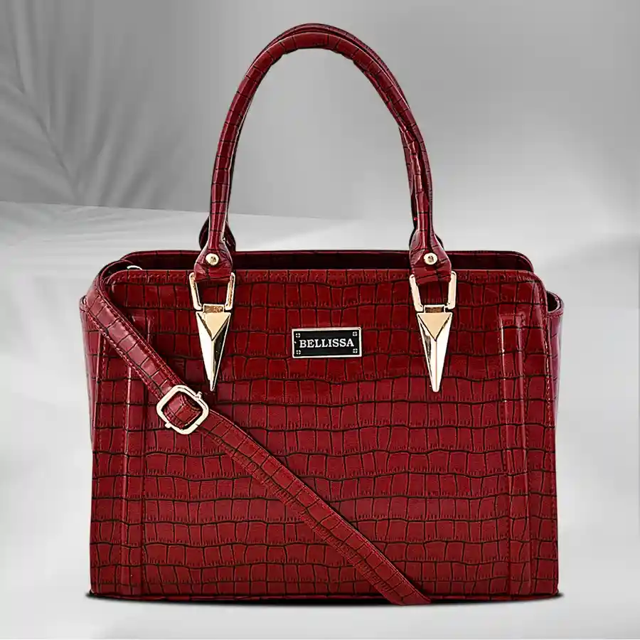 BELLISSA stylish brown PU leather handbag with croco pattern, featuring dual compartments and an adjustable sling strap.