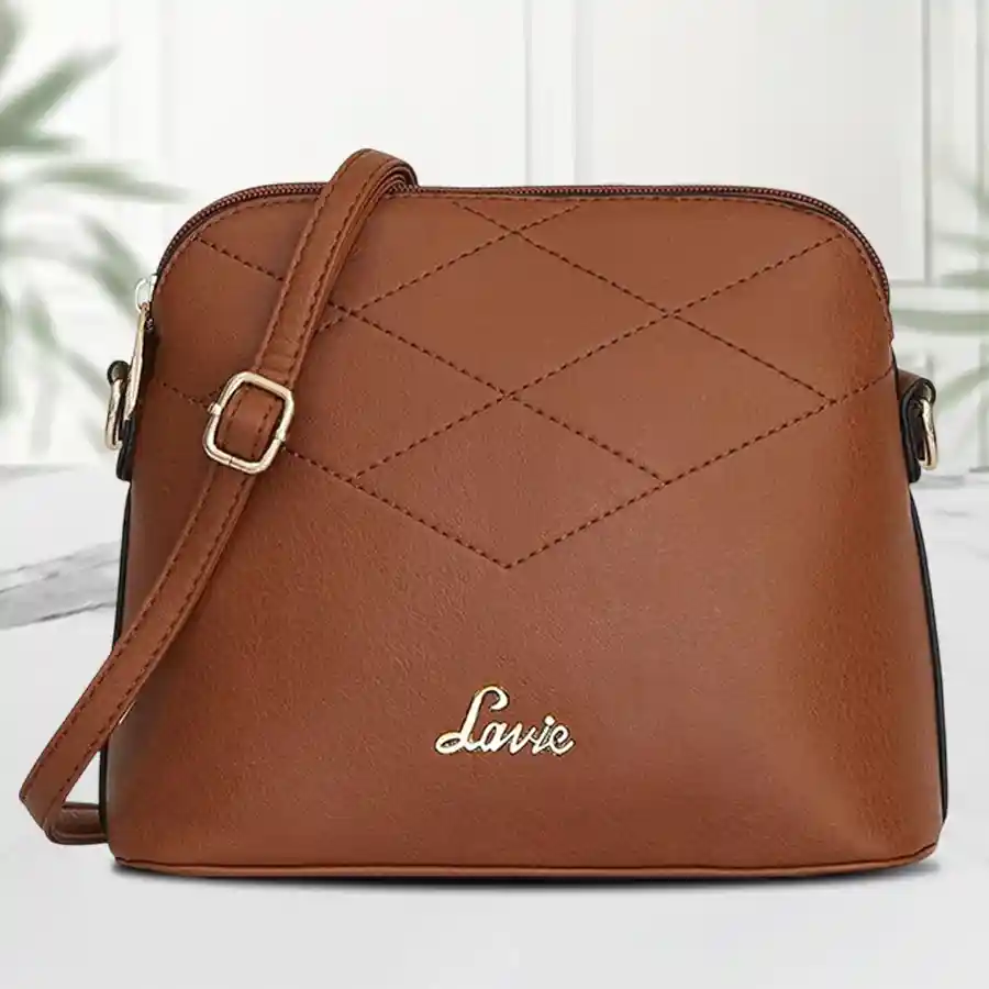 Gorgeous Lavie Marma Women's Dome Shaped Sling Bag in dark tan faux leather with multiple pockets for organization.