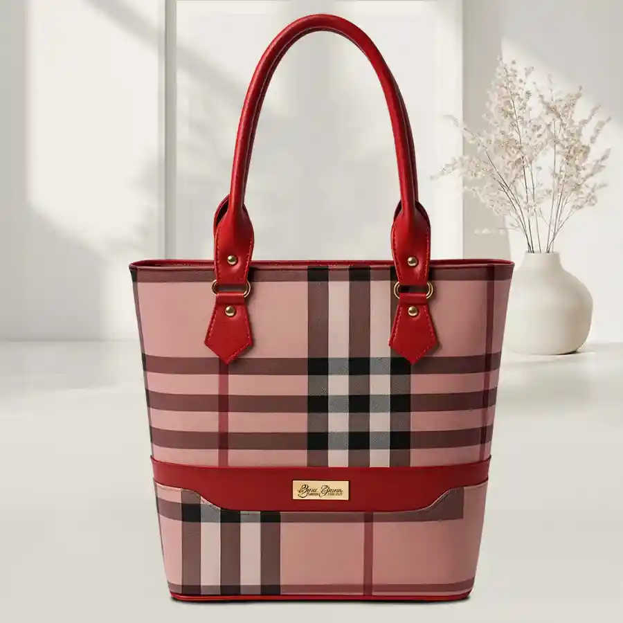 Stylish Checkered Shoulder Bag featuring a multicolor design and red handle, ideal for women looking to elevate their accessory game.
