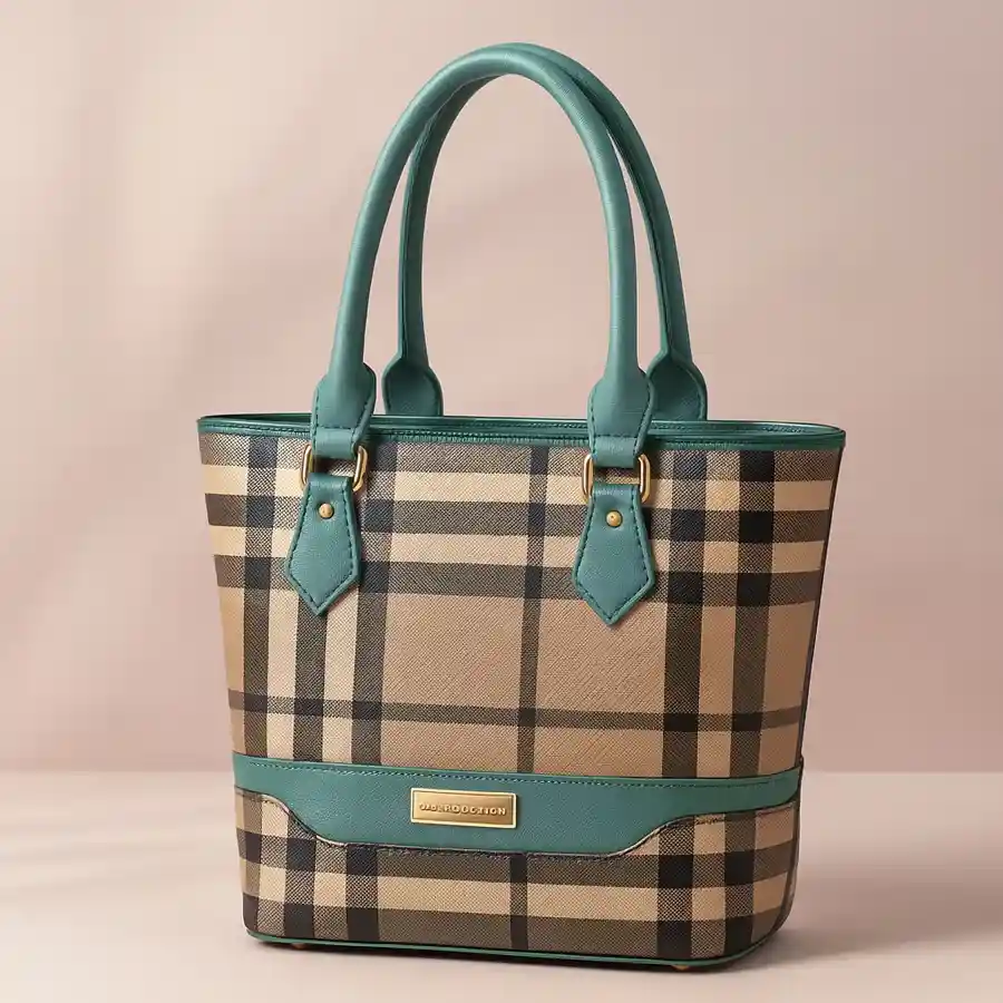 Stylish Checkered Ladies Bag featuring double partitions and a sea green handle, perfect for a chic accessory look.