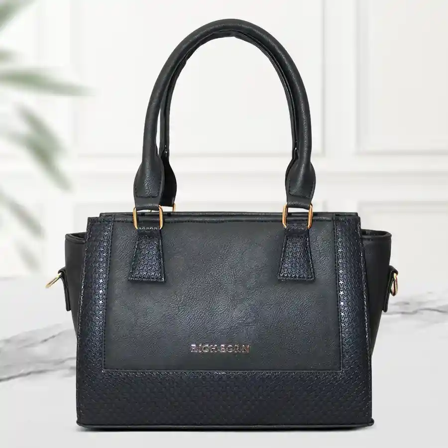 Front Stiches Sturdy Ladies Vanity Bag in Black, featuring faux leather material and two compartments.