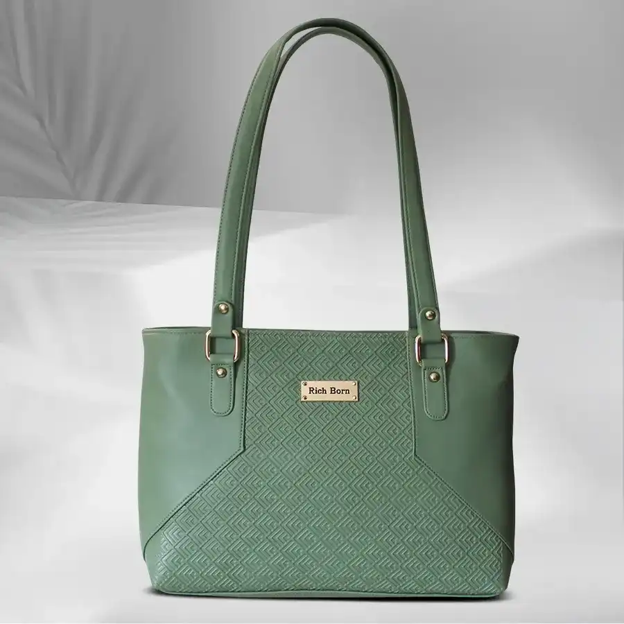 Olive green women's shoulder bag with classy square stitching.